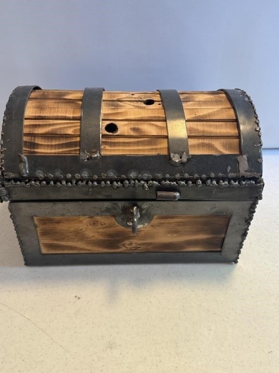 Wood and metal treasure chest box measures 12“ x