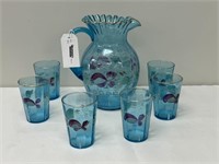 Blue Hand Painted Water Pitcher w/ 6 Glasses