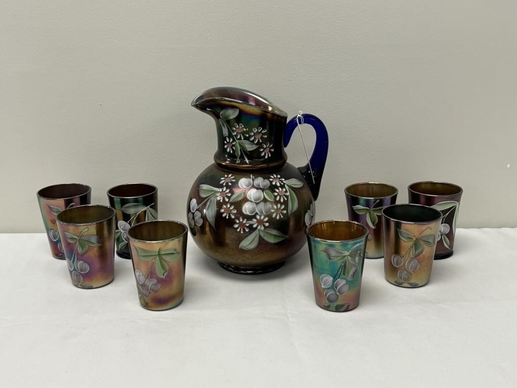 Iridescent Hand Painted Water Pitcher w/ 8 Glasses