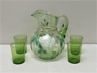 Green Depression Water Pitcher and 4 Glasses