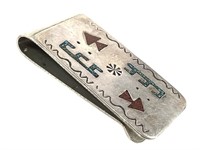 NA Sterling Turquoise Coral Inlay Money Clip