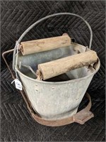 Vintage Metal Mop Bucket with Wooden Rollers