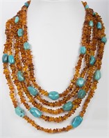 LADIES STERLING SILVER AMBER & TURQUOISE NECKLACE