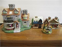 3 Village Houses & Birdhouse Figurine