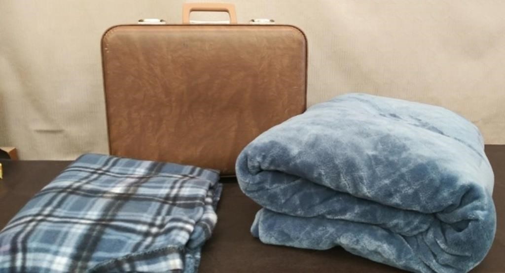 Brown Case, Blue Plush Blanket, Throw Blanket