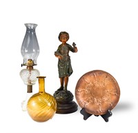 Free Blown Amber Bottle, Lamp, Spelter Figure, Etc
