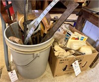 Bucket of Various Hand Saws, Squares, Pry Bar and