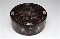 CIRCULAR WOODEN BOX WITH MOTHER OF PEARL INLAYS