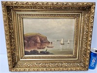 Ornate Gold Framed Antique Original Art Coast Sail