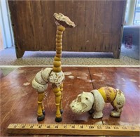(2) Old Wooden Chippy Paint Hippo & Giraffe Toy-