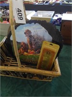 Basket, Penny Plaque, Dog Painting, & Cake Tray