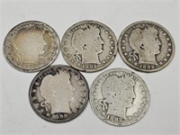 1892 Silver Barber Quarter 5 Coins
