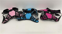 (3) dog harnesses (3) pink, hot pink and blue