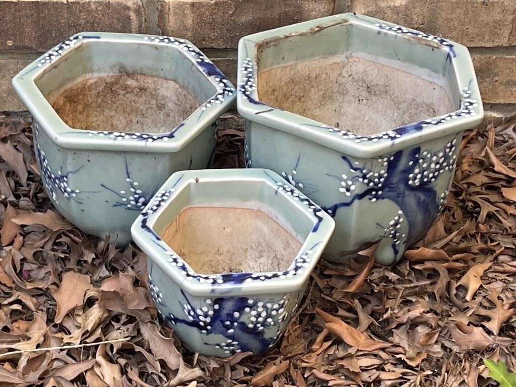 (3) Set of Glazed Ceramic Outdoor Planters