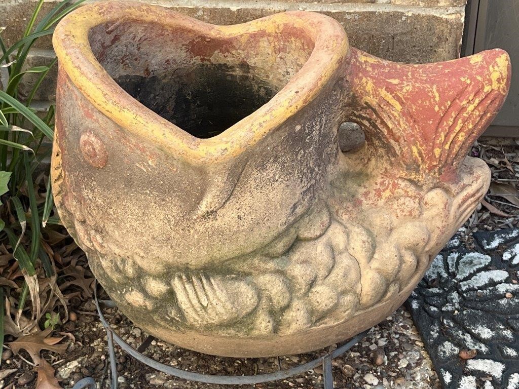 Terra-Cotta Fish Outdoor Planter on Metal Stand