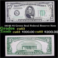 1934b $5 Green Seal Federal Reserve Note Grades Se
