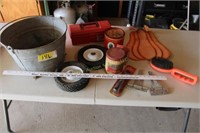small tires, tins, galvanized pail, hinges, etc