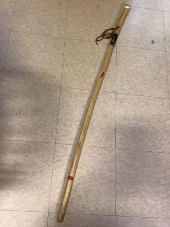 Hand decorated walking stick w leather holder