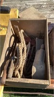 Corn knives, rope pulley fence stretcher, wooden