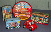 5 Assorted empty candy/storage tins