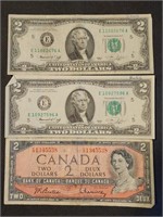 2- 1976 $2 Federal Reserve Notes & 1954 Canadian