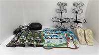 (2) metal candle wall sconces, (3) dog welcome