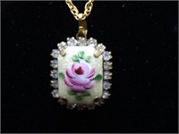 Vtg Painted Rose Surrounded by Rhinestones Pendant