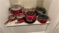 Large Lot Red Kitchenware Pots Pans Skillet Etc