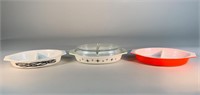 4pc Pyrex Dishes - 3 Divided Cassarole, 1 Lid