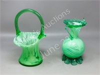 2 pcs Altaglass- green basket, green vase