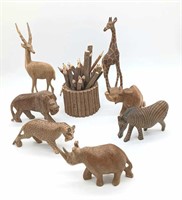 Carved Animal Figures and Pencils - Tallest 12"