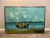 Original Oil on Canvas Fisherman Boat Scene Framed