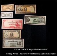 Lot of 7 WWII Japanese Invasion Money Notes - Vari