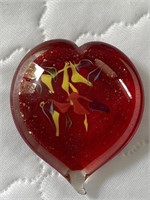 Blown art glass red heart paperweight  gold