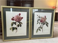 Pair Gold Framed and Matted Rose Print, Measures: