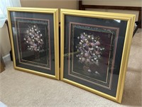 Pair Oil Framed and Matted 3-D Floral with