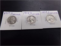 3-silver quarters 1957d-1958d-1959d