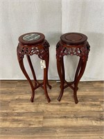 Pair of Floral Carved Plant Stands - 1 Marble Top