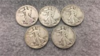 5 Walking Liberty Half Dollars