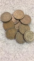 10 Indian Head Cents- Various Dates