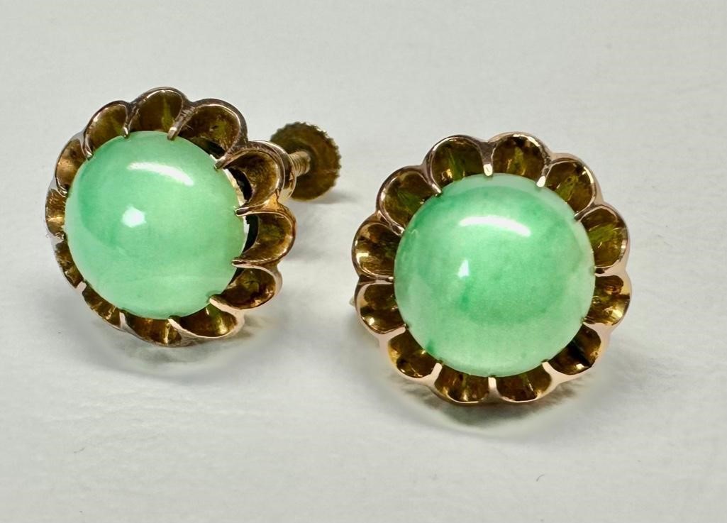 10k Gold Screwback Jade Cabochon Earrings