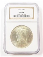 NGC GRADED 1922 SILVER PEACE DOLLAR MS64 $1.00