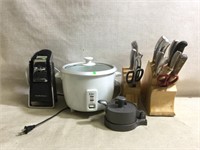 Rice Cooker, Knives in Block, Can Opener,