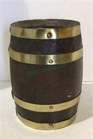 Vintage wooden and metal wrapped barrel bank
