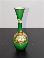 Vintage Emerald Green Bud Vase w/ Gold Accent