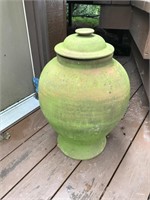 Redware covered pot with green finish