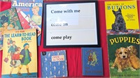 DICK & JANE STYLE BOOKS & FRAMED PRINT ASST LOT