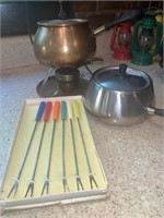 Brass Cooper Fondue kit and steel pot with skewers