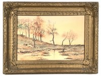 Vtg Watercolor Landscape on Paper in Gilt Frame