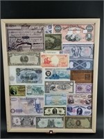 Shadow box with genuine and counterfeit currency,